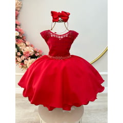 Vestido Infantil Vermelho C/ Cinto de Pérolas