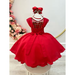 Vestido Infantil Vermelho C/ Cinto de Pérolas