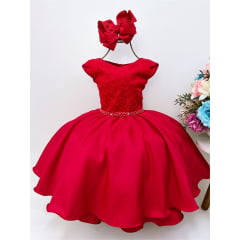Vestido Infantil Vermelho C/ Renda Cinto Pérolas Festas