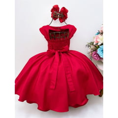 Vestido Infantil Vermelho C/ Renda Cinto Pérolas Festas