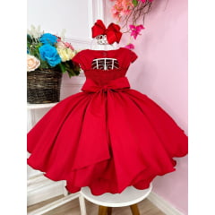 Vestido Infantil Vermelho C/ Renda Damas e Cinto de Pérolas