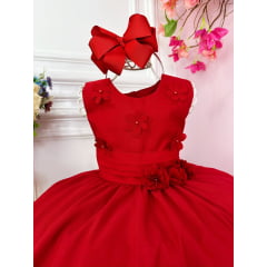 Vestido Infantil Vermelho Com Aplique de Flores Damas
