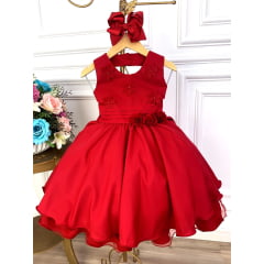 Vestido Infantil Vermelho Com Aplique de Flores Damas