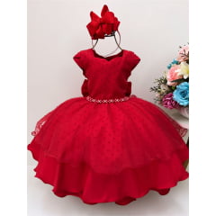Vestido Infantil Vermelho Luxo Tule Cinto Pérolas Festas