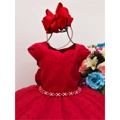 Vestido Infantil Vermelho Luxo Tule Cinto Pérolas Festas