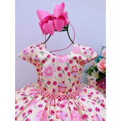 Vestido Infantil Amarelo Confeitaria Cupcakes Doces Pérolas