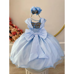 Vestido Infantil Azul Bebê C/ Renda Luxo e Cinto de Pérolas