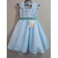Vestido Infantil Azul  Bebê C/  Renda Luxo e  Cinto  de Pérolas
