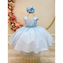 Vestido Infantil Azul  Bebê C/  Renda Luxo e  Cinto  de Pérolas