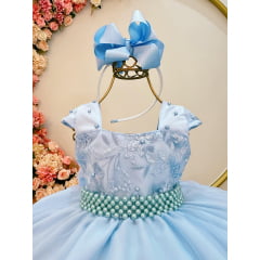 Vestido Infantil Azul  Bebê C/  Renda Luxo e  Cinto  de Pérolas