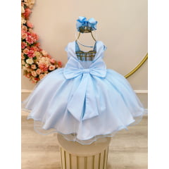 Vestido Infantil Azul  Bebê C/  Renda Luxo e  Cinto  de Pérolas