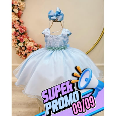 Vestido Infantil Azul  Bebê C/  Renda Luxo e  Cinto  de Pérolas