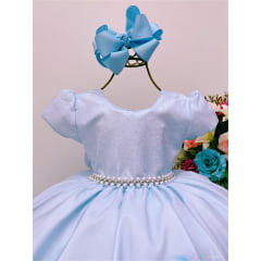 Vestido Infantil Azul Bebê Florido Peito Strass Pérolas