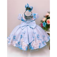 Vestido Infantil Azul Bebê Florido Peito Strass Pérolas