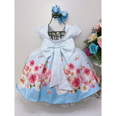 Vestido Infantil Azul Bebê Jardim das Borboletas com Pérolas