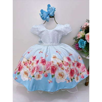 Vestido Infantil Azul Bebê Jardim das Borboletas com Pérolas