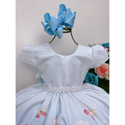 Vestido Infantil Azul Bebê Jardim das Borboletas com Pérolas
