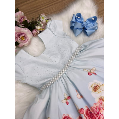 Vestido Infantil Azul Bebê Jardim das Borboletas com Pérolas