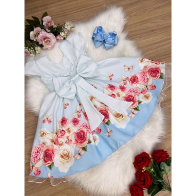 Vestido Infantil Azul Bebê Jardim das Borboletas com Pérolas