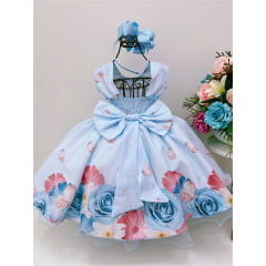 Vestido Infantil Azul Bebê Jardim das Borboletas Pérolas