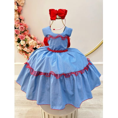Vestido Infantil Azul Busto Strass e Saia Com Babado Luxo