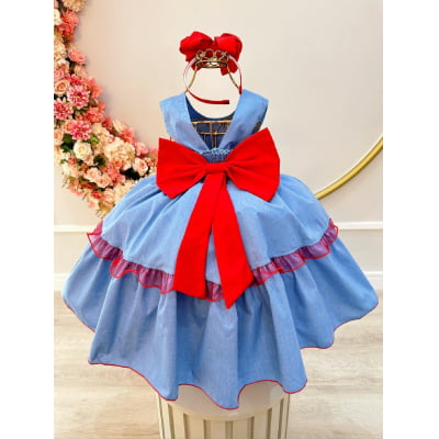 Vestido Infantil Azul Busto Strass e Saia Com Babado Luxo
