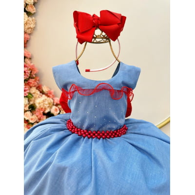 Vestido Infantil Azul Busto Strass e Saia Com Babado Luxo
