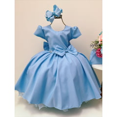 Vestido Infantil Azul C/ Máscara Liso Laço Festa