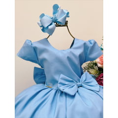 Vestido Infantil Azul C/ Máscara Liso Laço Festa