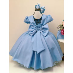 Vestido Infantil Azul C/ Máscara Liso Laço Festa