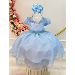 Vestido Infantil Azul Claro Busto Nervura e Tule Pipoquinha