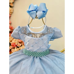 Vestido Infantil Azul Claro Busto Nervura e Tule Pipoquinha