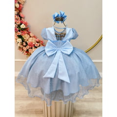 Vestido Infantil Azul Claro Busto Nervura e Tule Pipoquinha