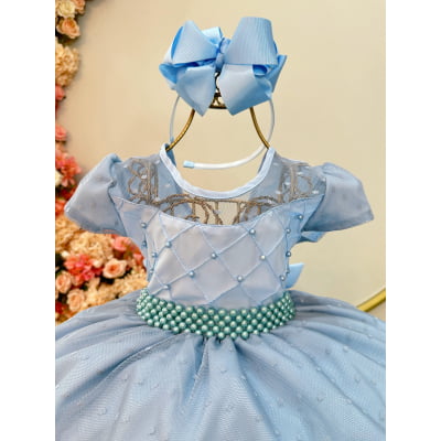 Vestido Infantil Azul Claro Busto Nervura e Tule Pipoquinha