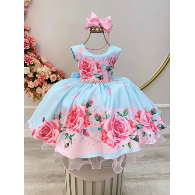 Vestido Infantil Azul Claro Jardim das Borboletas C/ Pérolas