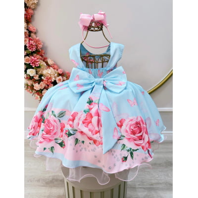 Vestido Infantil Azul Claro Jardim das Borboletas C/ Pérolas