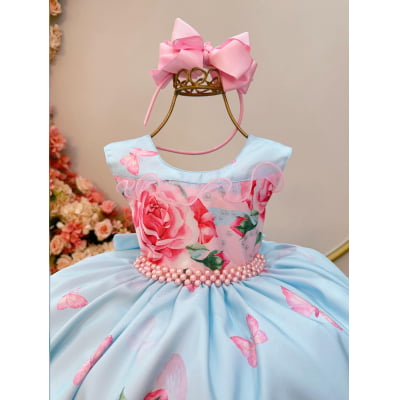 Vestido Infantil Azul Claro Jardim das Borboletas C/ Pérolas