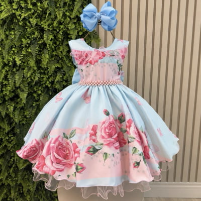 Vestido Infantil Azul Claro Jardim das Borboletas C/ Pérolas Vestido Infantil Azul Claro Jardim das Borboletas C/ Pérolas