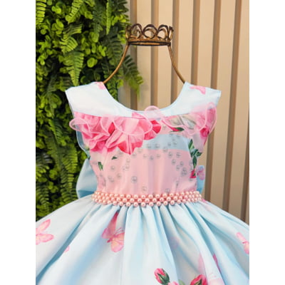 Vestido Infantil Azul Claro Jardim das Borboletas C/ Pérolas
