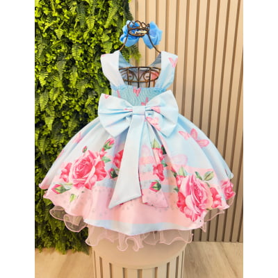 Vestido Infantil Azul Claro Jardim das Borboletas C/ Pérolas