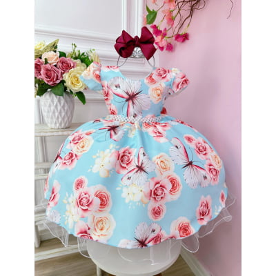 Vestido Infantil Azul Jardim das Borboletas com Pérolas