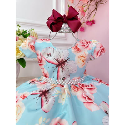 Vestido Infantil Azul Jardim das Borboletas com Pérolas