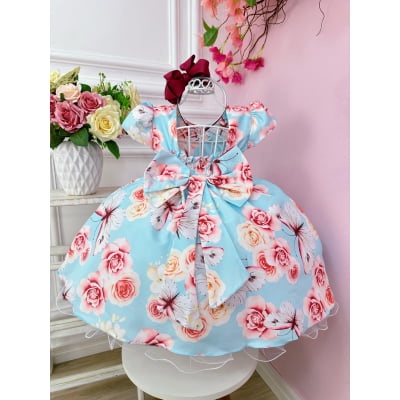 Vestido Infantil Azul Jardim das Borboletas com Pérolas