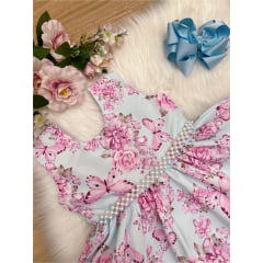 Vestido Infantil Azul Jardim das Borboletas Pérolas