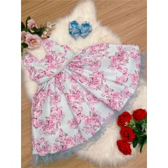 Vestido Infantil Azul Jardim das Borboletas Pérolas