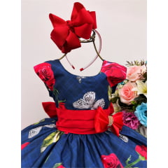 Vestido Infantil Azul Marinho Floral Vermelho