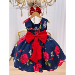 Vestido Infantil Azul Marinho Floral Vermelho