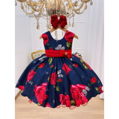 Vestido Infantil Azul Marinho Floral Vermelho