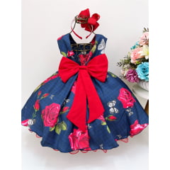 Vestido Infantil Azul Marinho Floral Vermelho