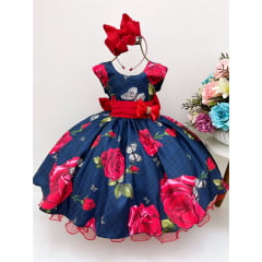 Vestido Infantil Azul Marinho Floral Vermelho